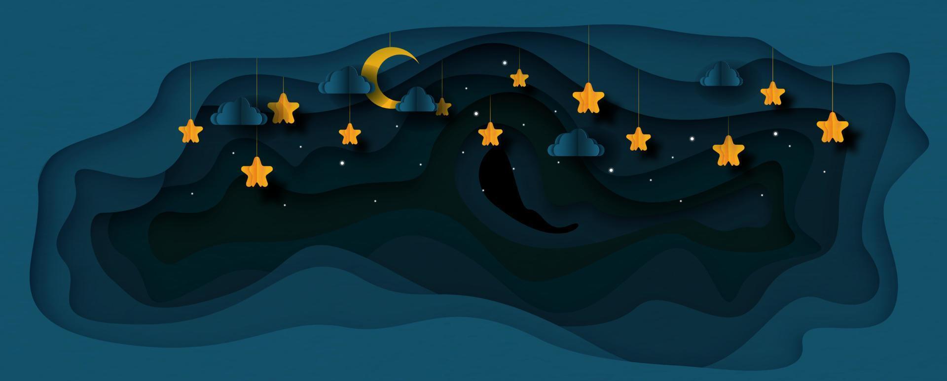 Abstract texture in dark blue and object of night time in paper cut out with layers style and banner vector design.