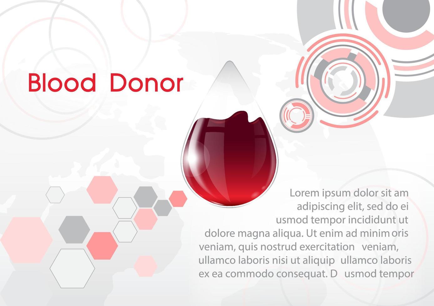 Giant bloods droplet in glass design with abstract technology decoration and example Lorem Ipsum texts on world map and white background. All in vector design.