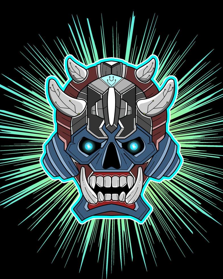 illustration of mechanical demon skull for e sport team mascot logo with glowing lines isolated on black vector