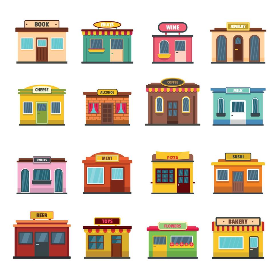 Store facade front shop icons set, flat style vector