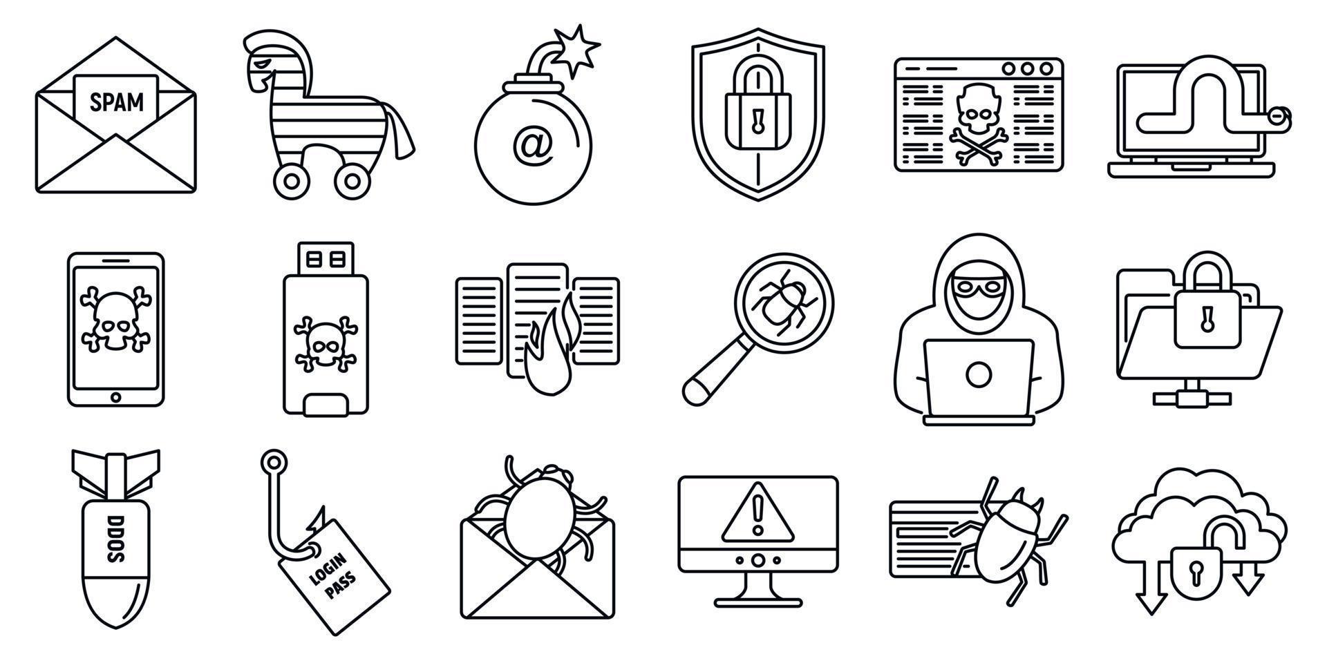 Cyber attack bug icons set, outline style vector