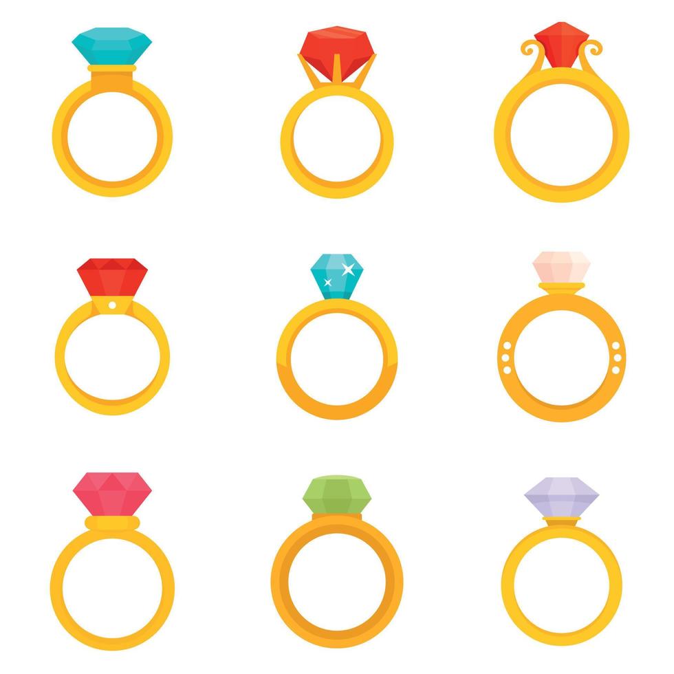 conjunto de iconos de anillo de diamantes, estilo plano vector