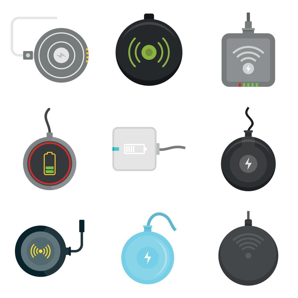 Wireless charger icons set, flat style vector