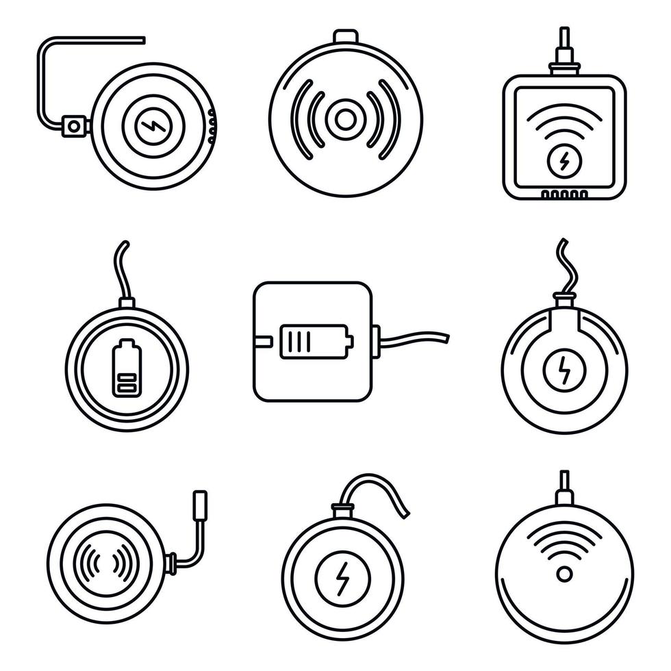 Wireless charging icons set, outline style vector