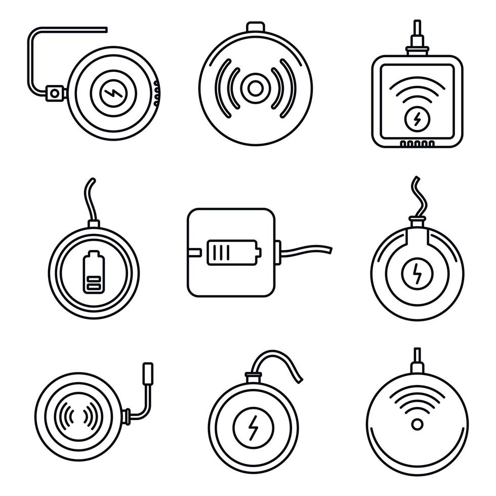 conjunto de iconos de carga inalámbrica, estilo de esquema vector