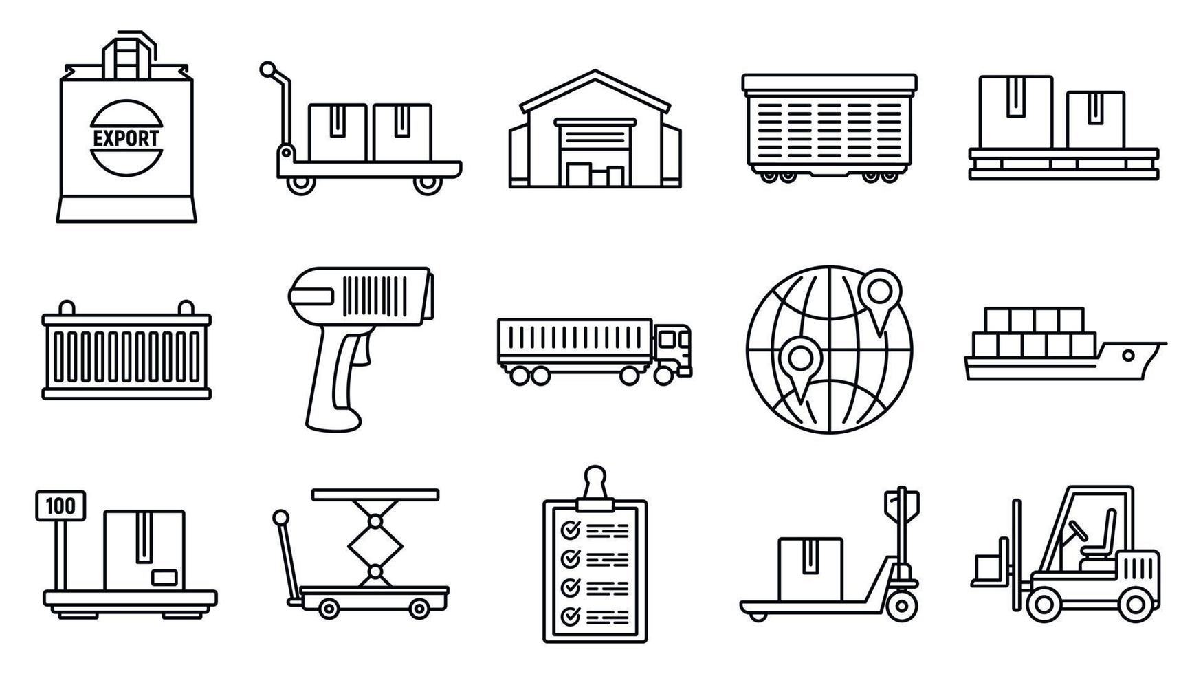 World goods export icons set, outline style vector