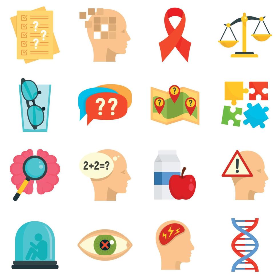 conjunto de iconos de la enfermedad de alzheimer, estilo plano vector