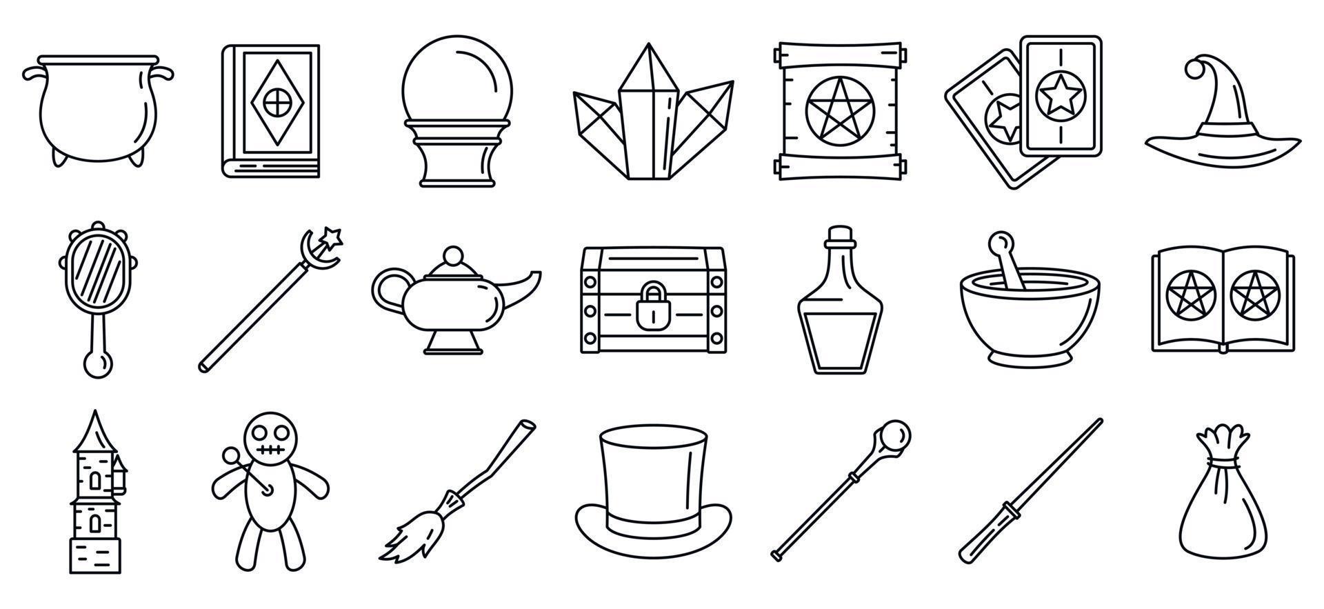 Magic wizard tools icons set, outline style vector