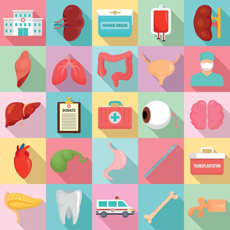 Donate organs icons set, flat style vector