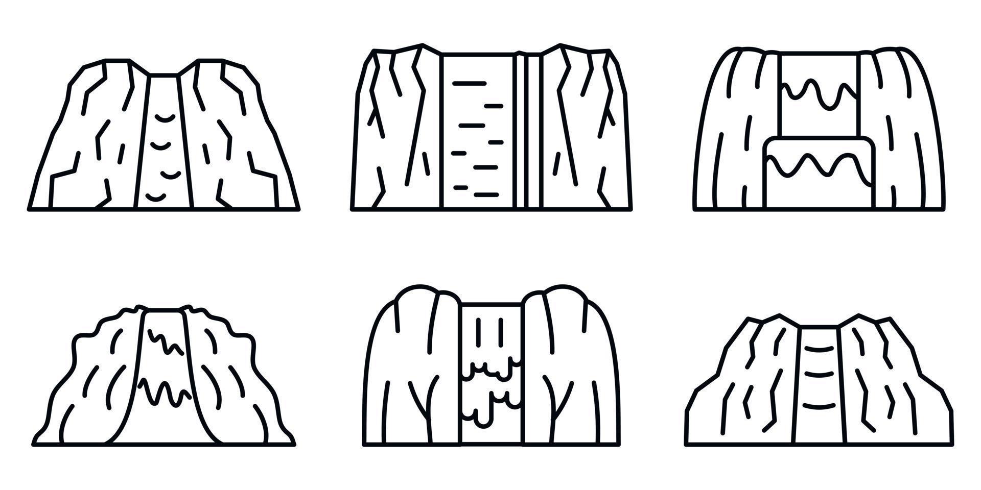 Waterfall icons set, outline style vector