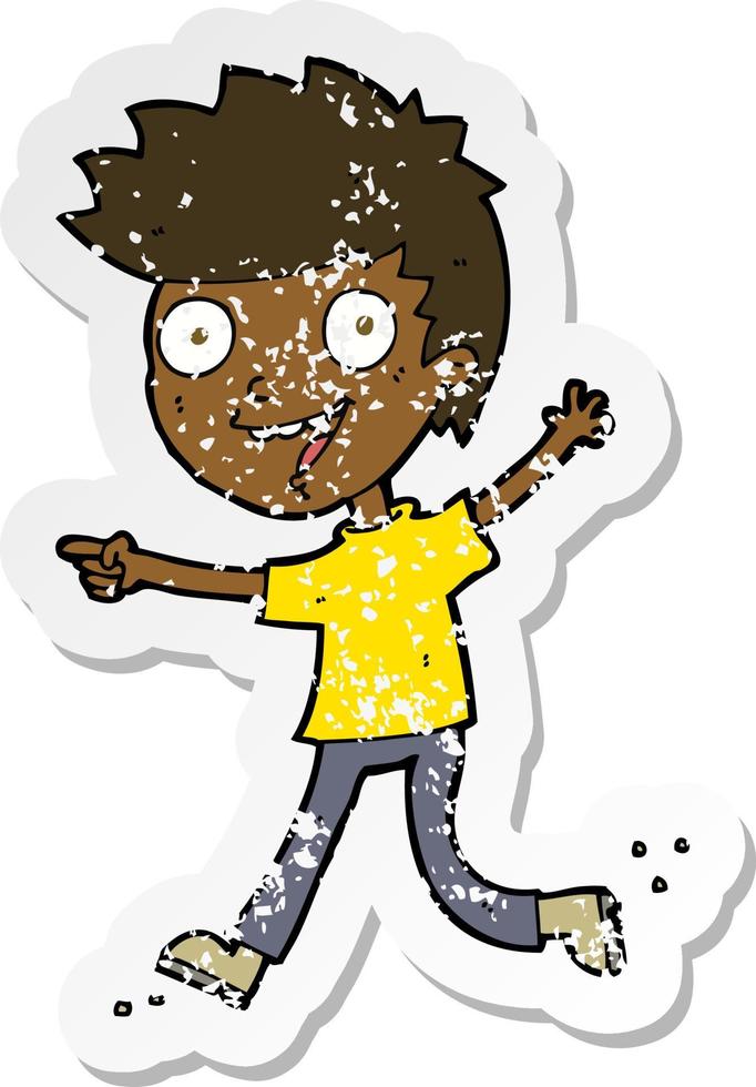 retro distressed sticker of a cartoon crazy excited boy vector