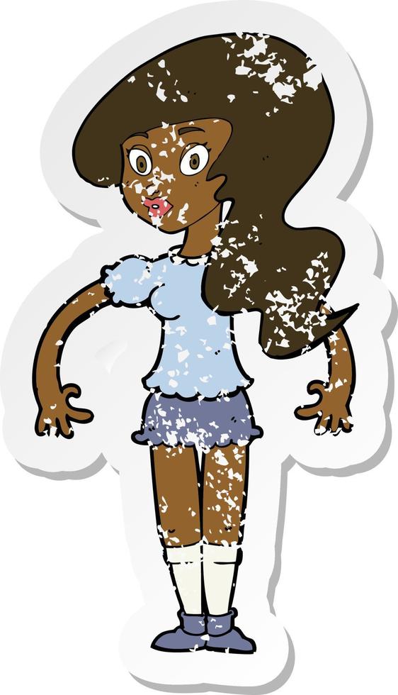 retro distressed sticker of a cartoon pretty woman vector