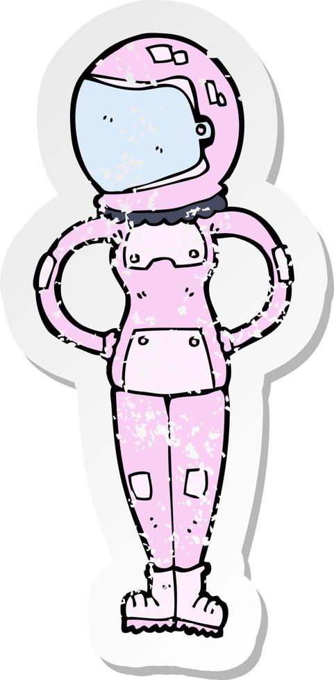 retro distressed sticker of a cartoon female astronaut vector