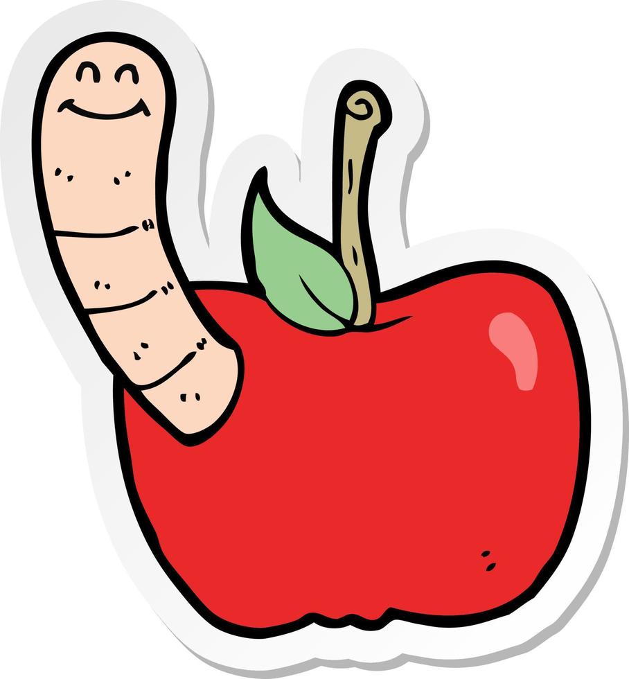 pegatina de una caricatura de manzana con gusano vector