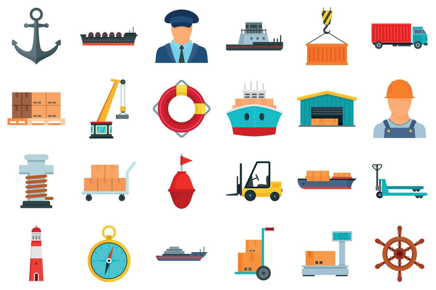 Marine port icons set, flat style vector