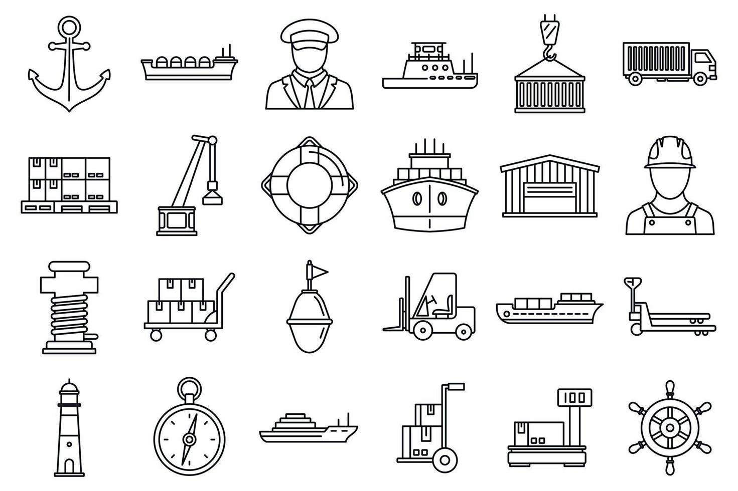 Marine port transport icons set, outline style vector