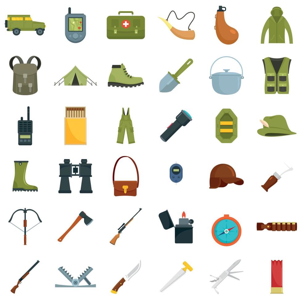 Hunting equipment icons set, flat style vector