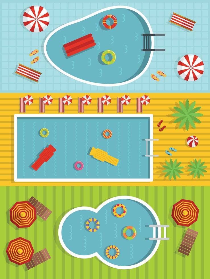 Summer pool banner horizontal set, flat style vector