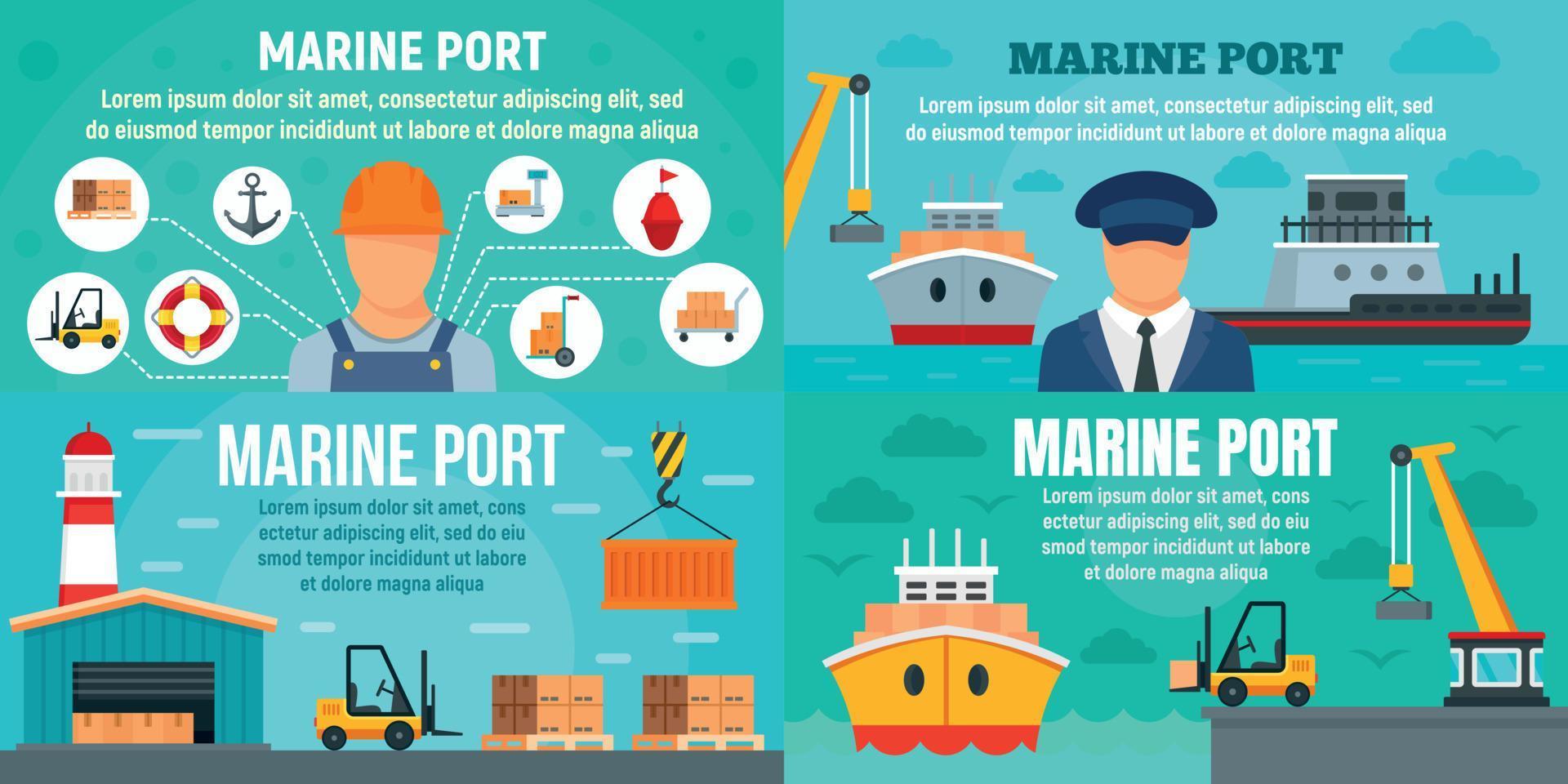 Marine port banner set, flat style vector