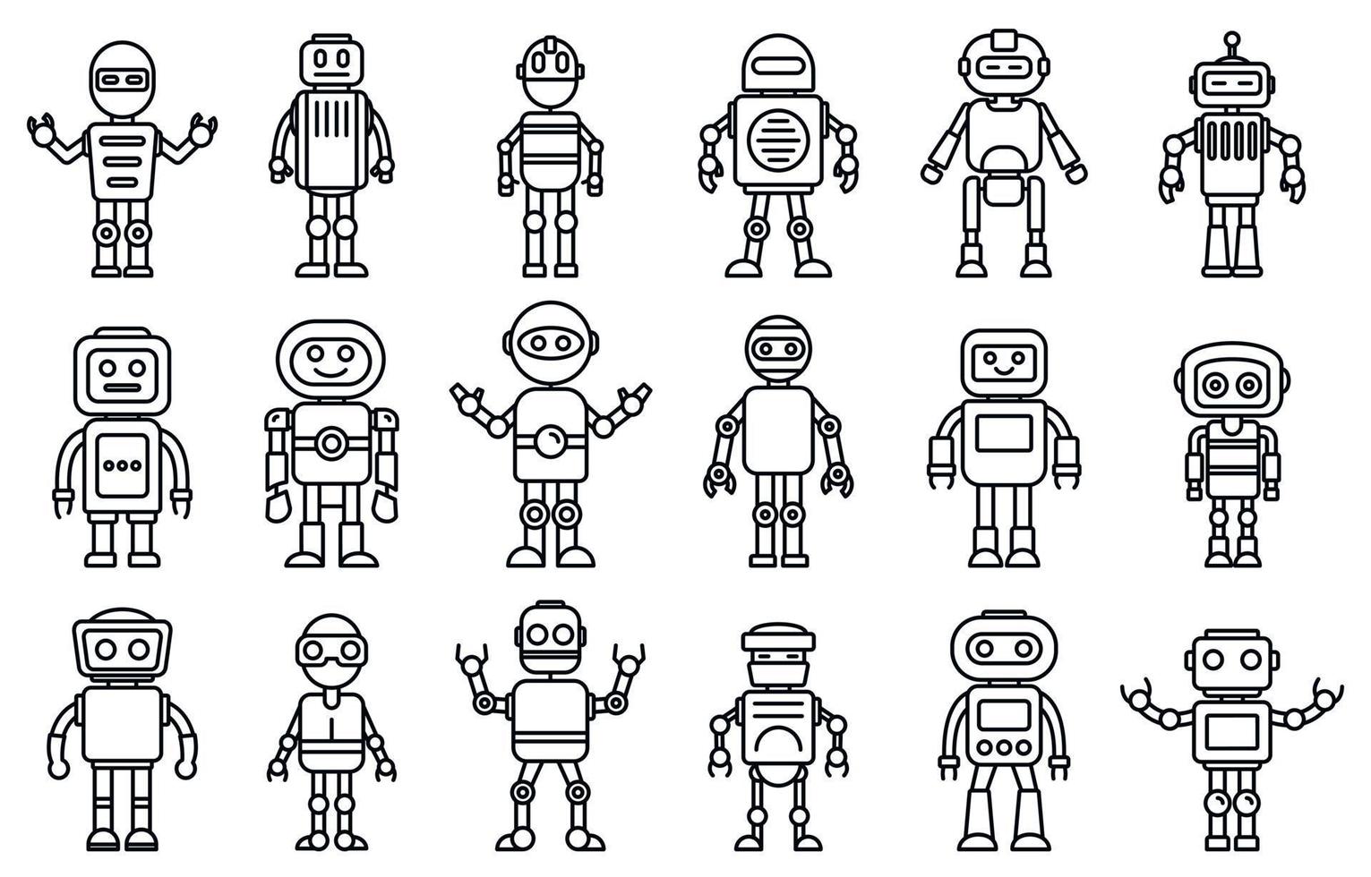 Humanoid robot icons set, outline style vector