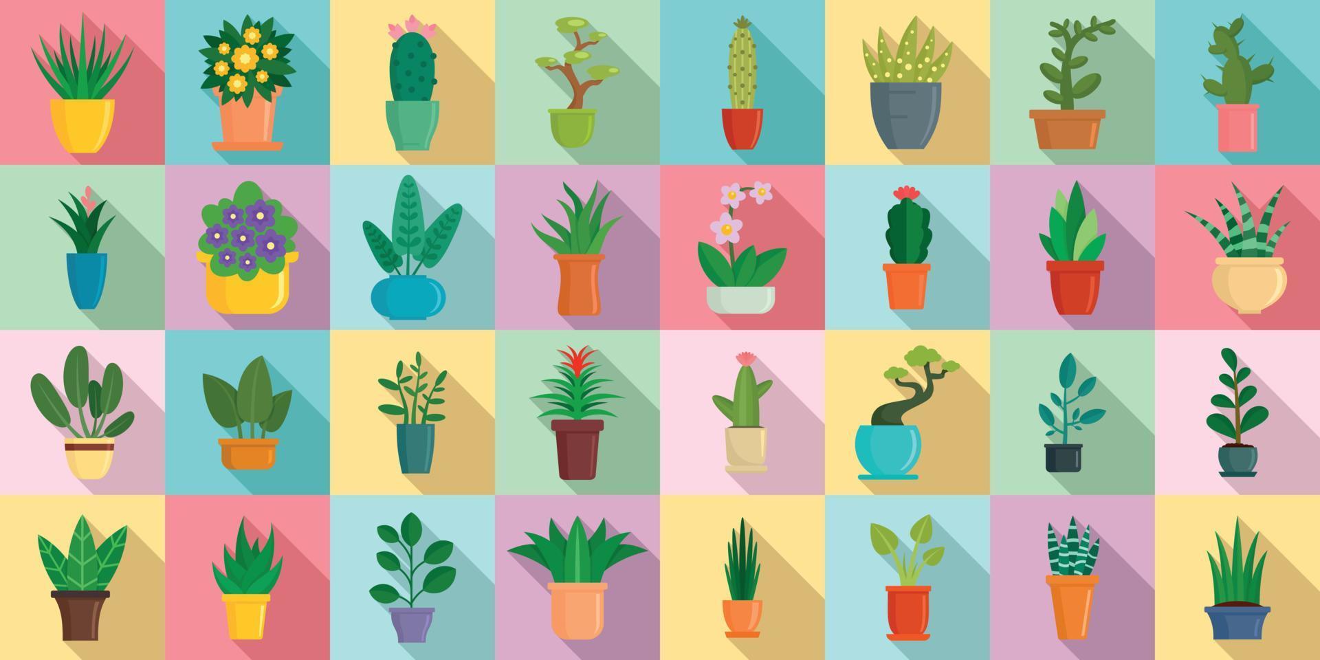 Houseplants icons set, flat style vector