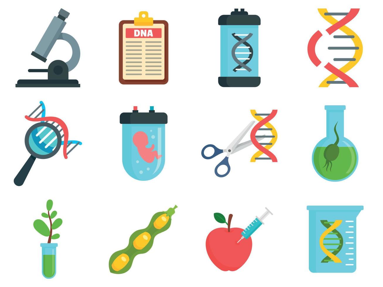 Genetic engineering icons set, flat style vector