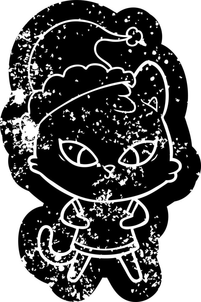 cute cartoon distressed icon of a cat wearing santa hat vector