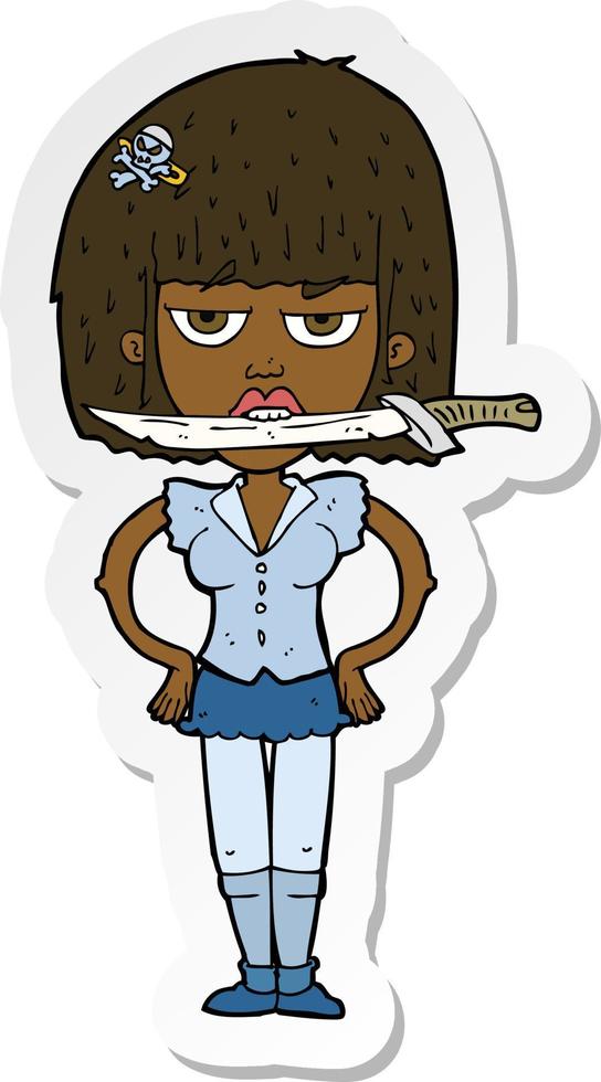 sticker of a cartoon woman with knife between teeth vector