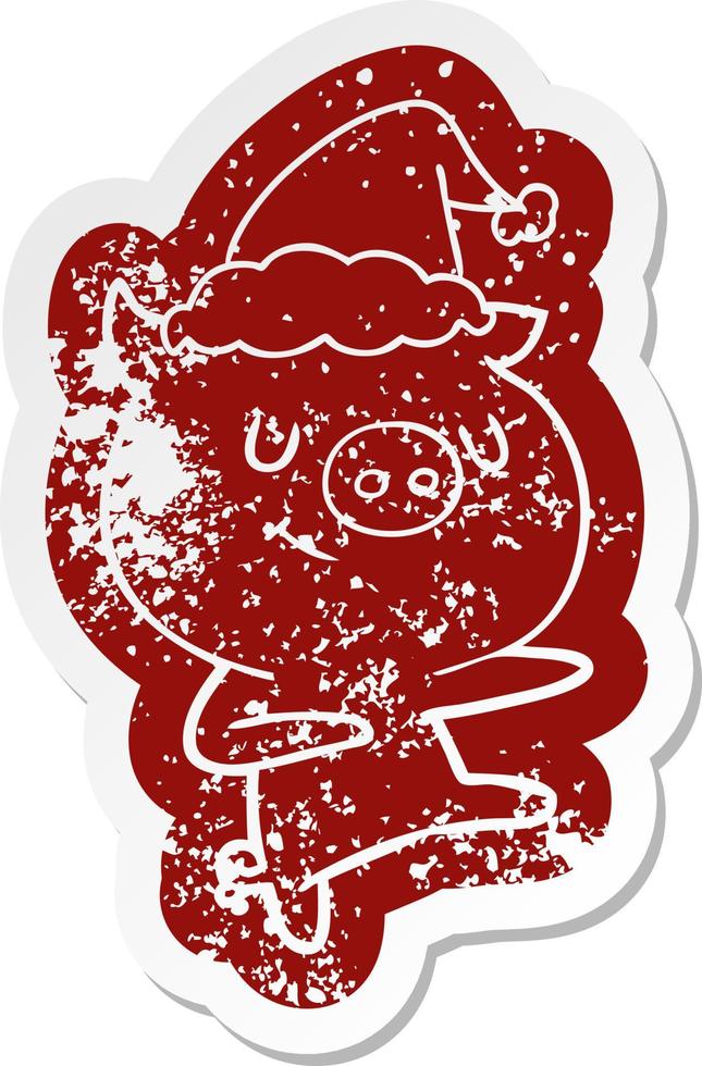 happy cartoon distressed sticker of a pig dancing wearing santa hat vector