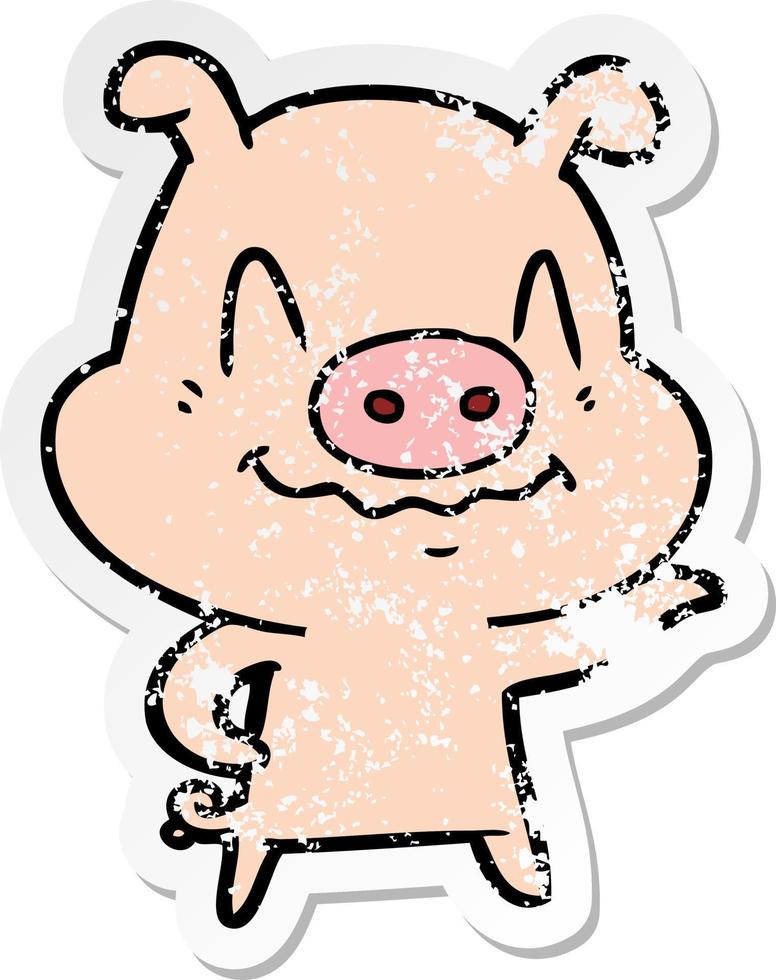 distressed sticker of a nervous cartoon pig vector
