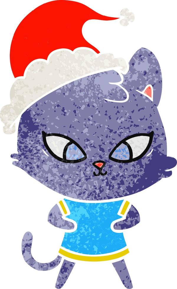 cute retro cartoon of a cat wearing santa hat vector