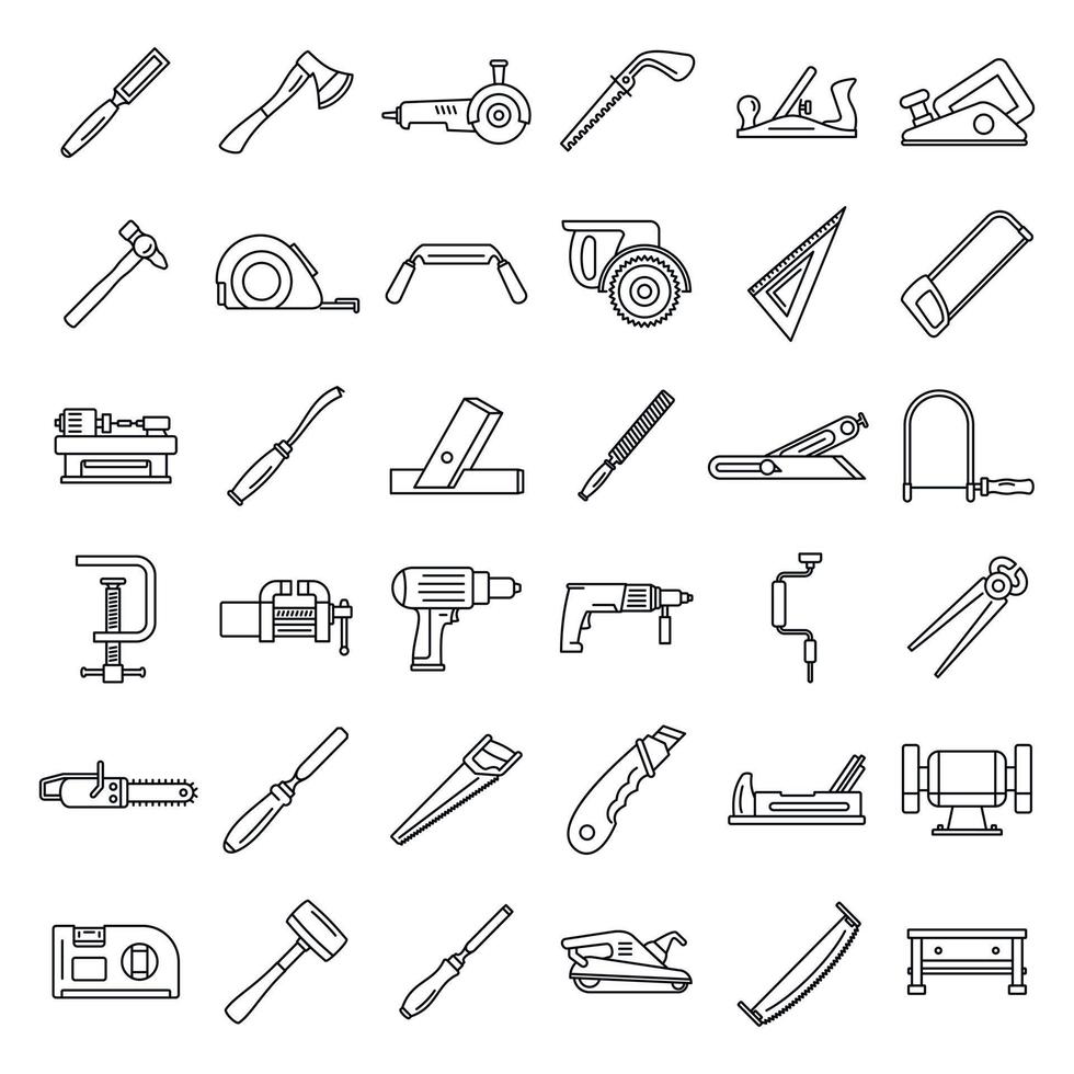 Carpenter working icon set, outline style vector