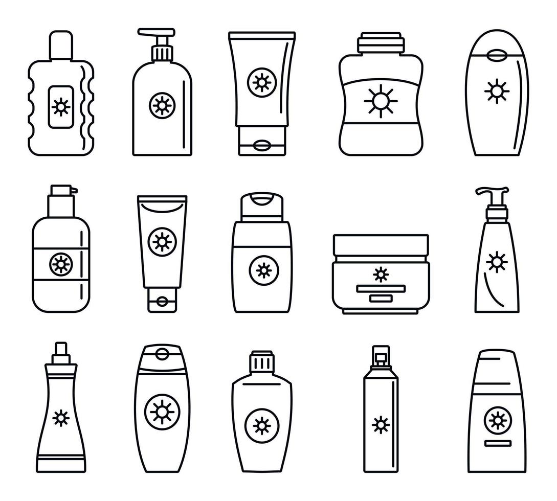 Sunscreen bottle icon set, outline style vector