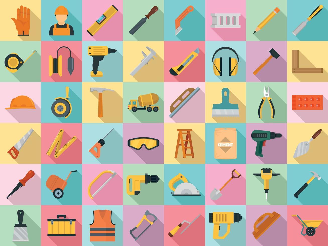 Masonry worker icon set, flat style vector