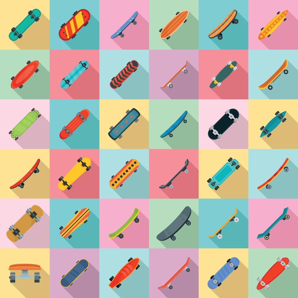 Skateboard icons set, flat style vector