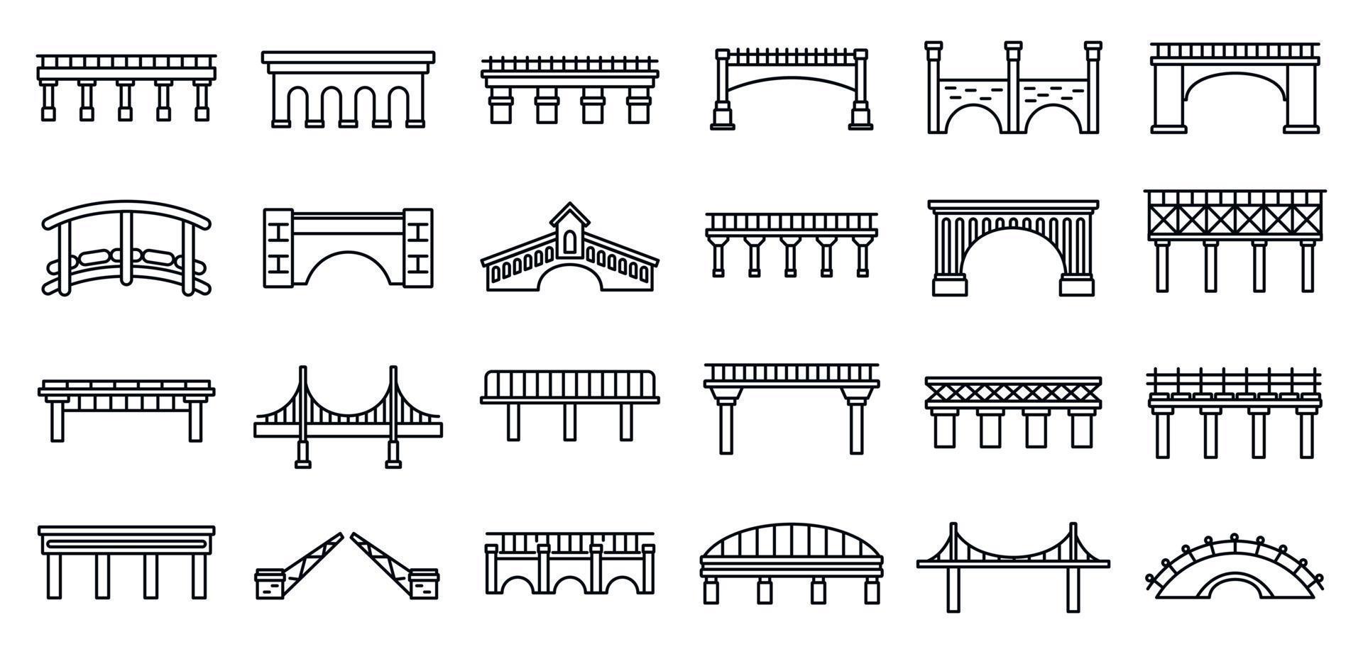 Bridges construction icons set, outline style vector