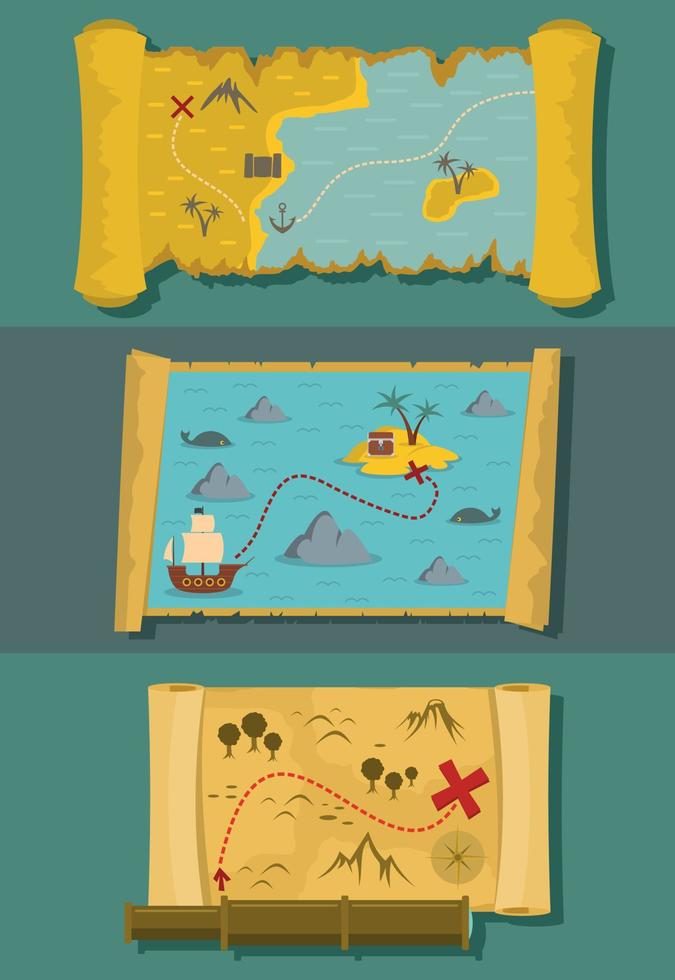 Map of treasure banner horizontal set, flat style vector