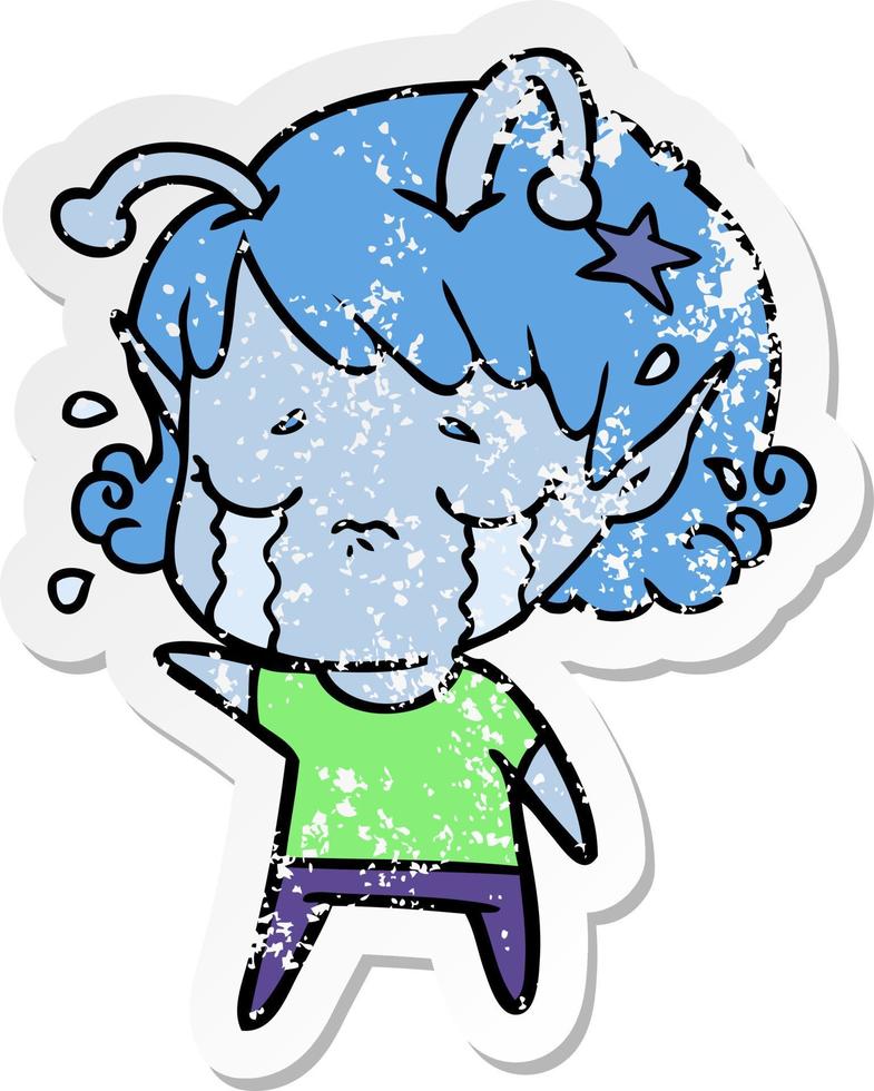 distressed sticker of a cartoon crying alien girl vector