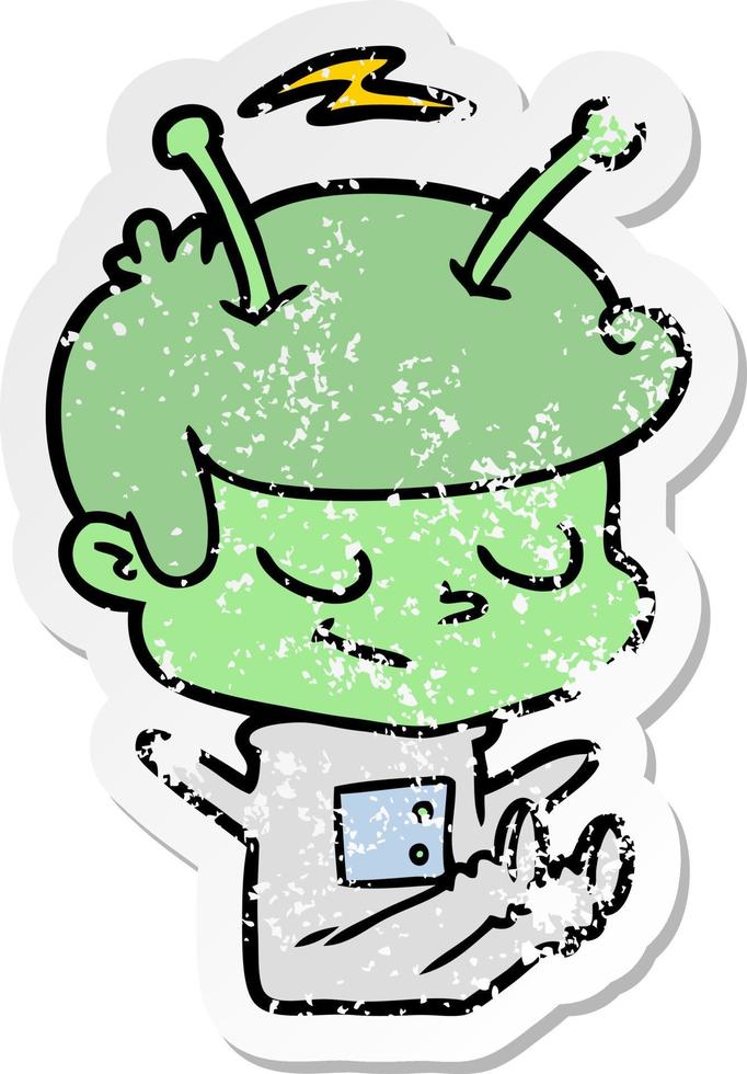 distressed sticker of a friendly cartoon spaceman vector