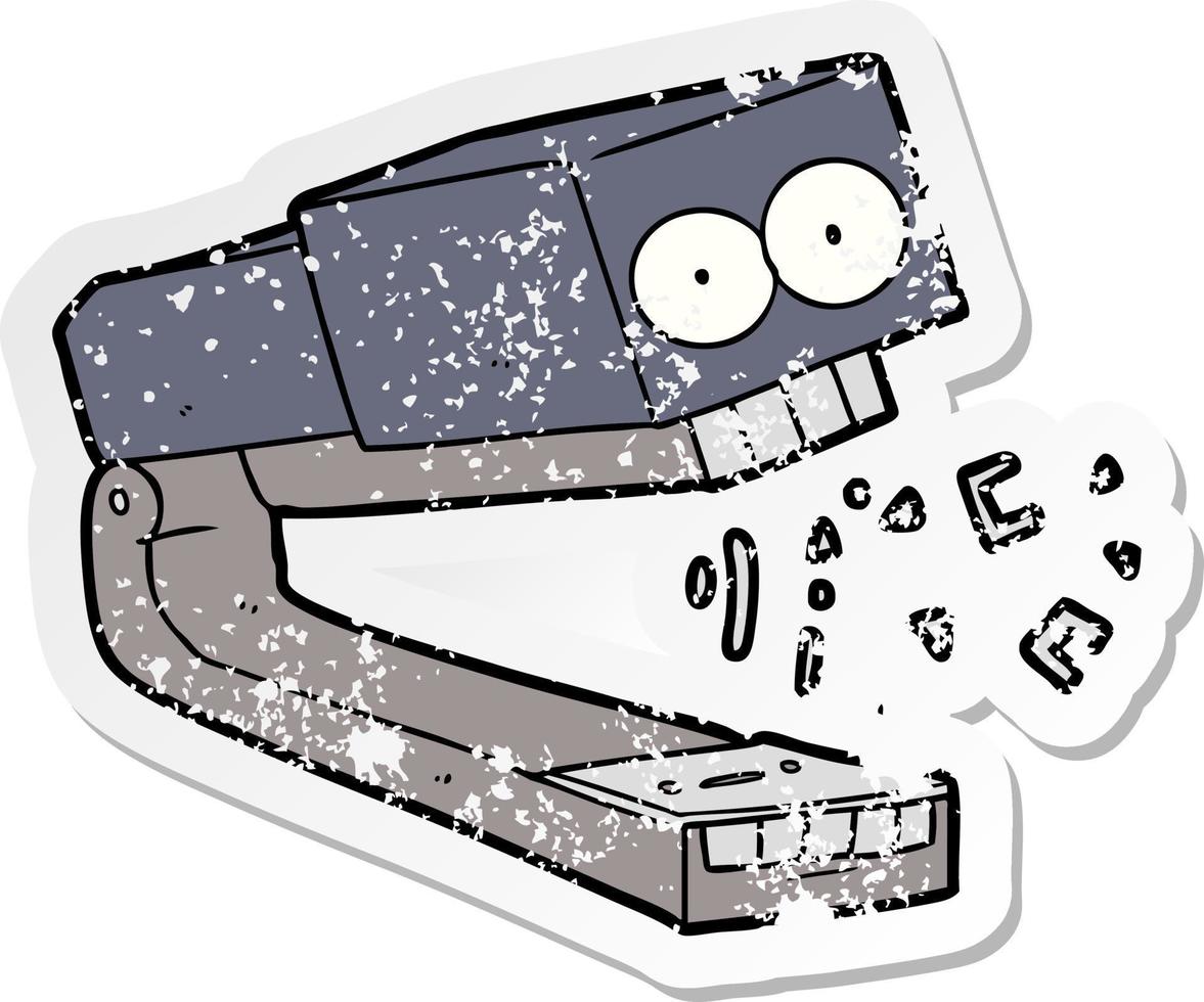 distressed sticker of a crazy cartoon stapler vector