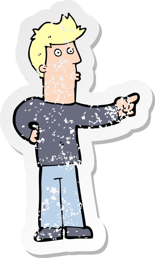 pegatina retro angustiada de un hombre curioso de dibujos animados señalando vector