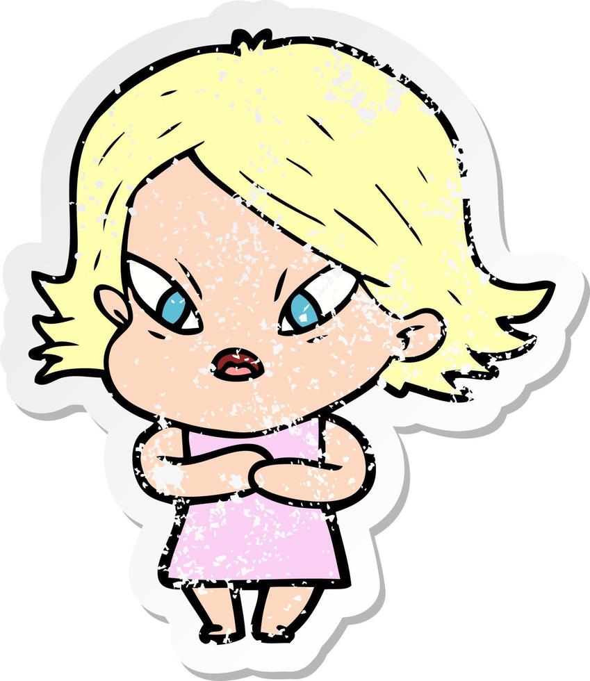 distressed sticker of a cartoon stressed woman vector