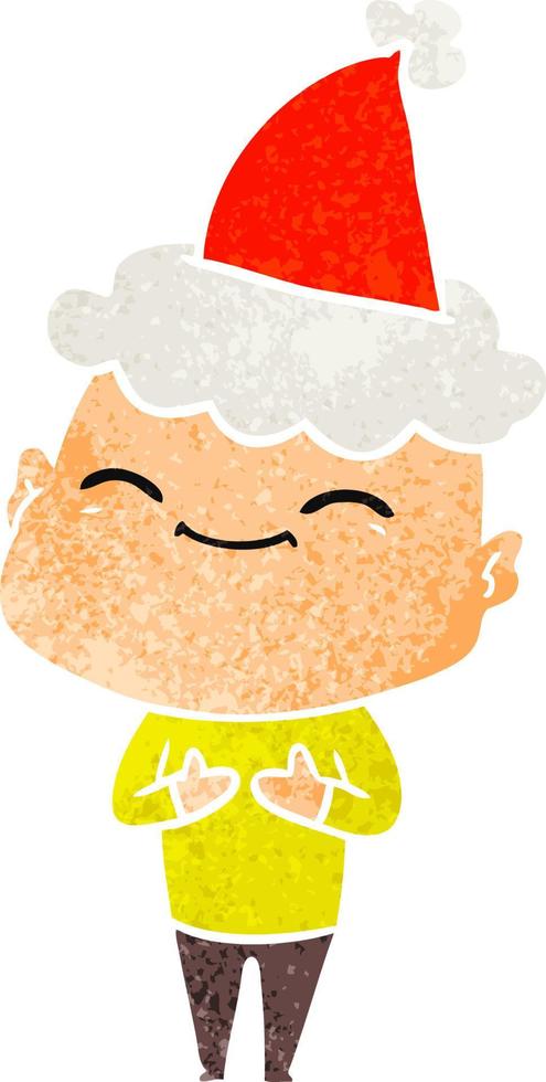 happy retro cartoon of a bald man wearing santa hat vector