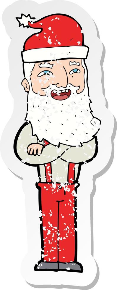 retro distressed sticker of a cartoon hipster santa vector