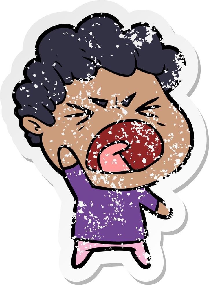 distressed sticker of a cartoon furious man vector