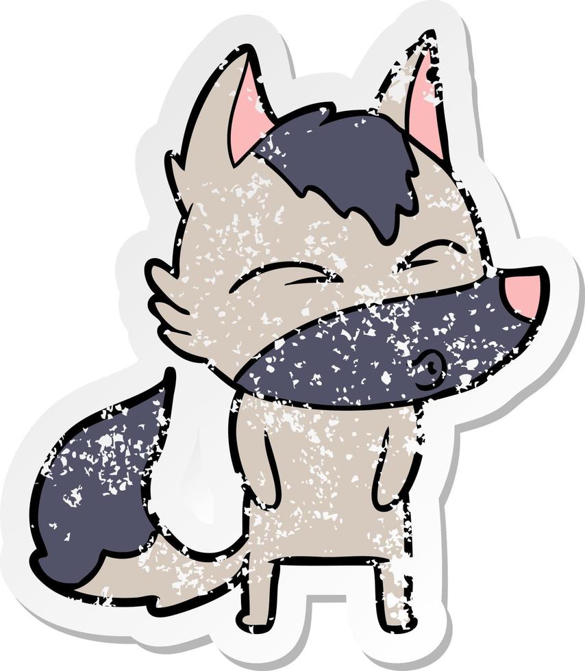 distressed sticker of a cartoon wolf pouting vector