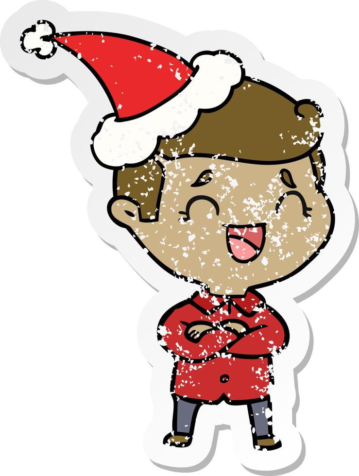 distressed sticker cartoon of a laughing man wearing santa hat vector