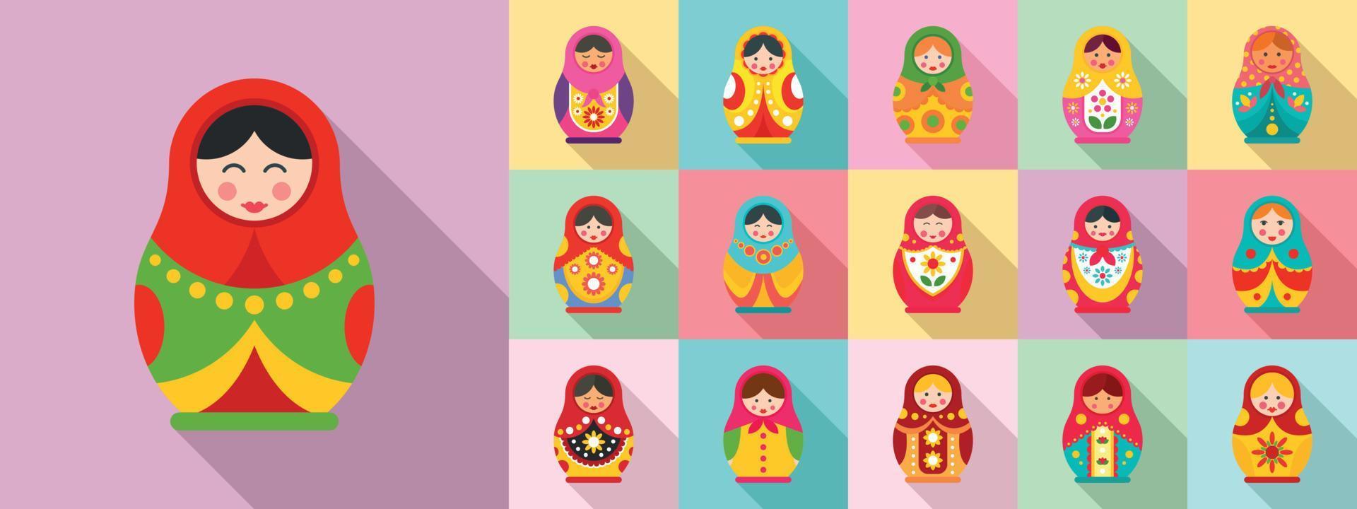 Nesting doll icon set, flat style vector