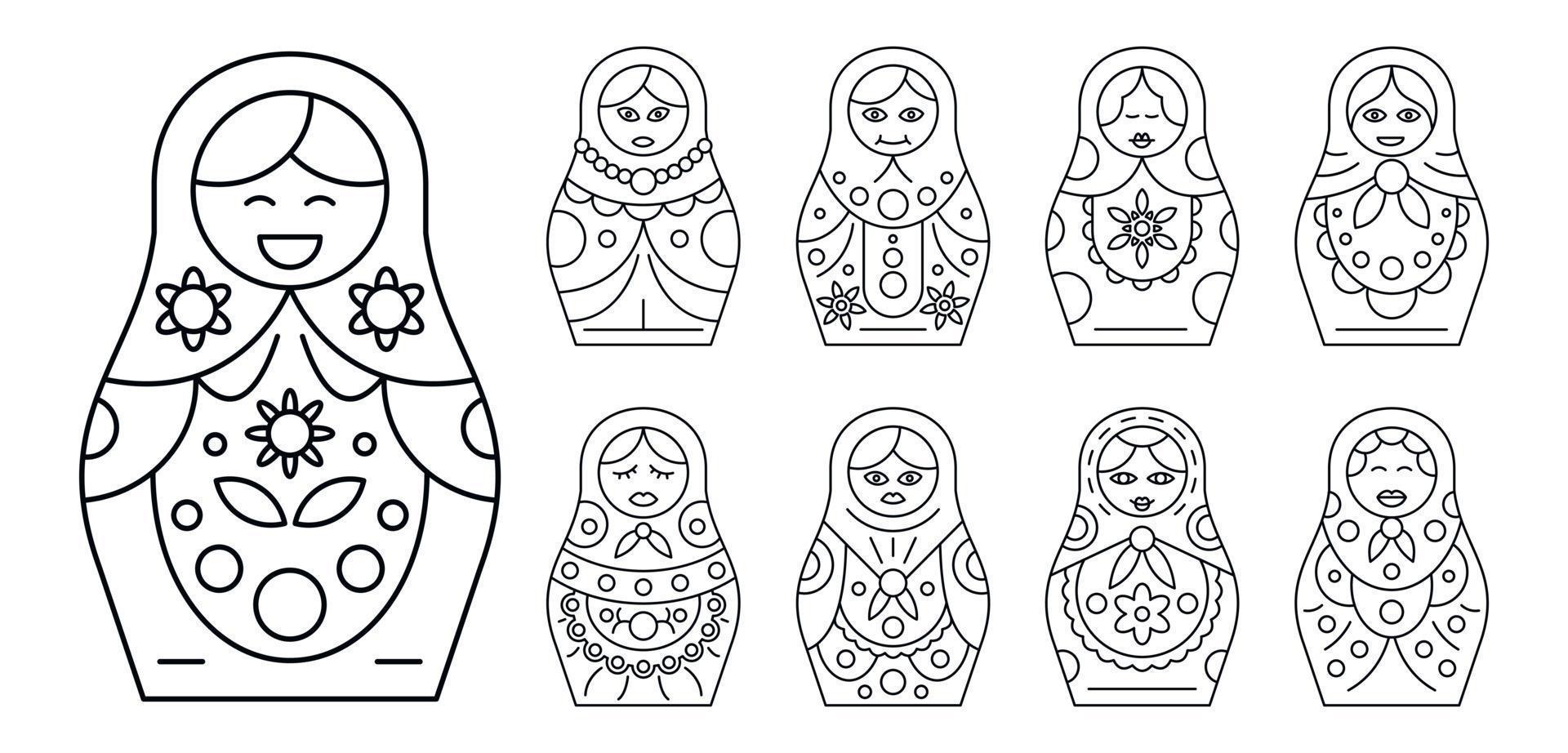 conjunto de iconos de matrioska rusa, estilo de esquema vector
