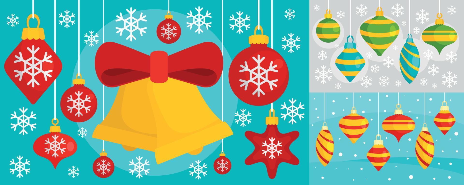 Decorate Christmas tree toys banner set, flat style vector